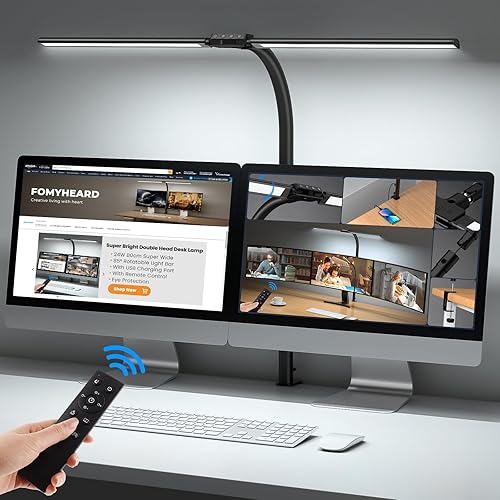 FOMYHEARD Lampe de Bureau LED Puissante de Double Source, 24W 80cm Bureau Pince D'architecte, 10 Luminosité 10 Températures Couleur,Protection Yeux Lumiere Ecran PC avec Télécommande & USB pour Design - 2024 Mise À Niveau