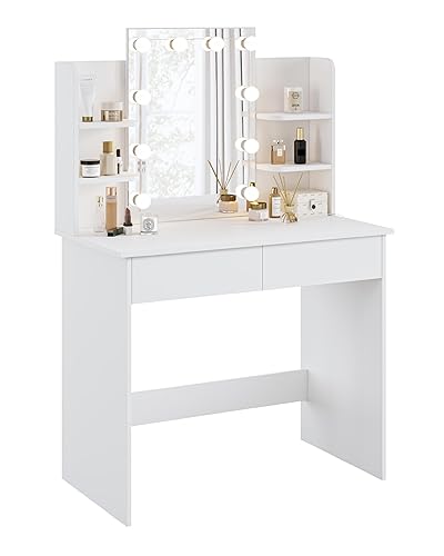 WOLTU Coiffeuse avec Miroir LED à Luminosité Réglable, Table de Maquillage avec 2 Tiroirs et 4 Étagères de Rangement, Meuble Chambre Style Moderme en Bois, Blanc, MB6096ws - Ampoules