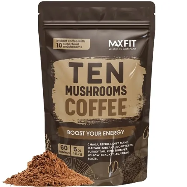 Mushroom Coffee Organic (60 Servings) 10 Mushrooms (Lion’s Mane, Cordyceps, Turkey Tail & Other) Mixed With Gourmet Arabica Instant Immune Boosting Coffee for Focus & Gut Health Support - Mushrooms Coffee