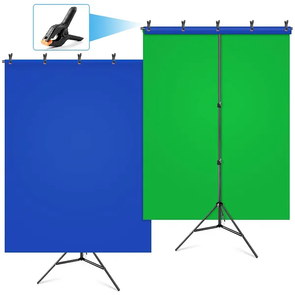 HEMMOTOP Green Screen Backdrop with Stand Kit 5x6.5ft for Zoom, 2-in-1 Reversible Blue Screen and Green Screen with Portable T-Shaped Background Support Stand, 5 x Backdrop Clip - Green Blue