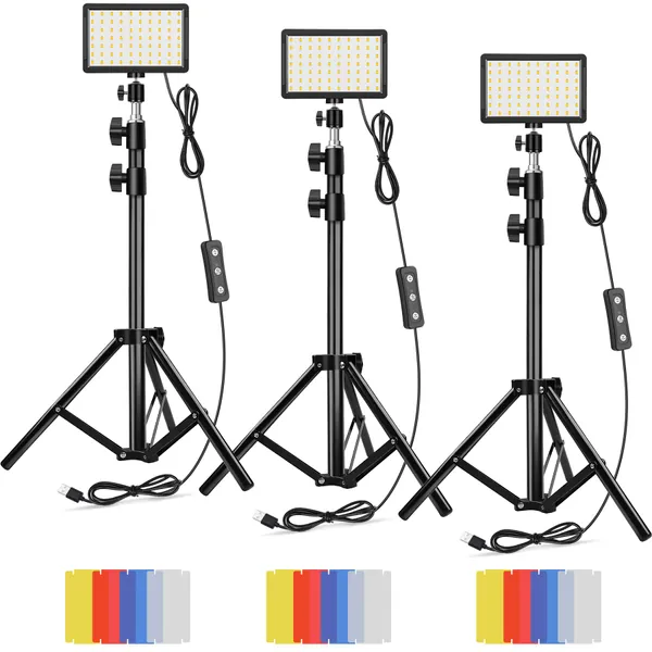 Led Video Lighting Kit Dimmable 5600K USB 70 LED Video Light with Mini Adjustable Tripod Stand and Color Filters for Table Top/Low Angle Photo Video Studio Shooting (3 Pack) - 3 Pack