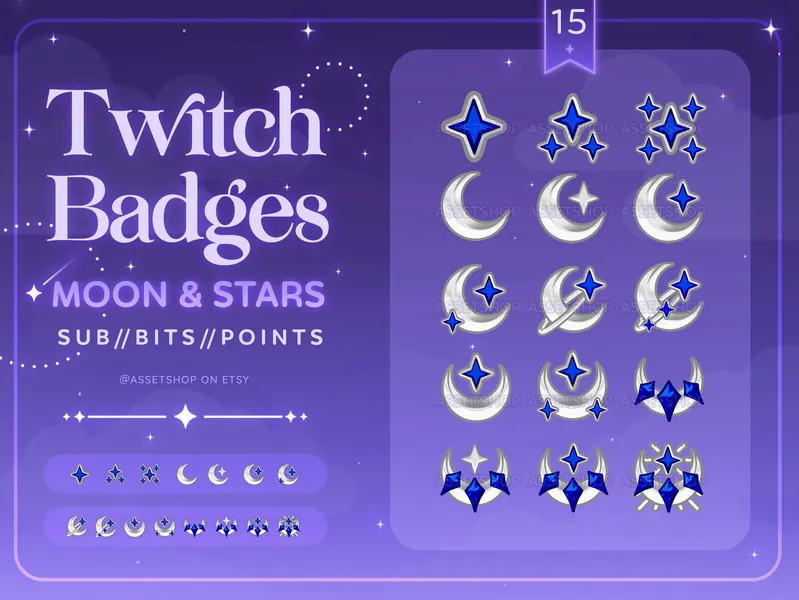 Moon & Stars Twitch Sub Badges | Metal Silver Blue | Crescent | Streamer Loyalty Rewards | Discord | Channel Points | Fantasy Graphic Tiers