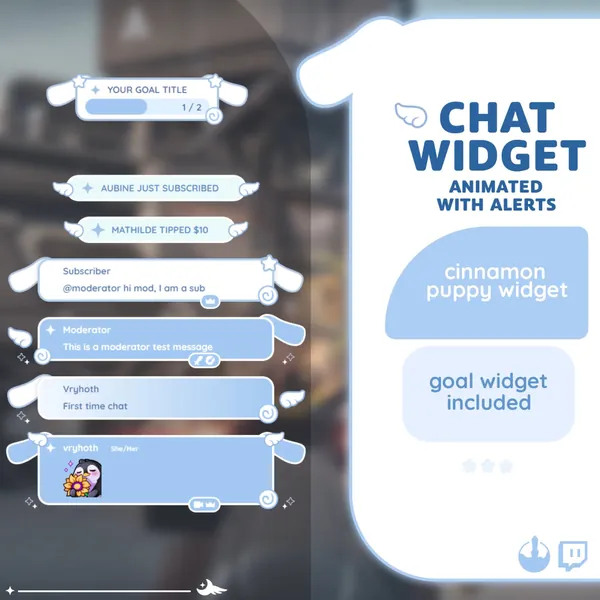 P2U Cinnamon Chat Widget Goal White Roll Puppy Dog Bunny Cute Blue Sweet Stream Cute Streamelements l Widgets for streamers l Custom Twitch