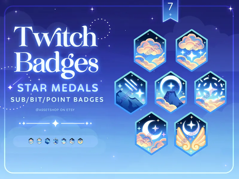 Star Medal Twitch Sub Badges | Moon Stars Sky Clouds | Blue | Aesthetic | Stream Channel Points | Rewards | Tiers | Discord Roles | Graphic