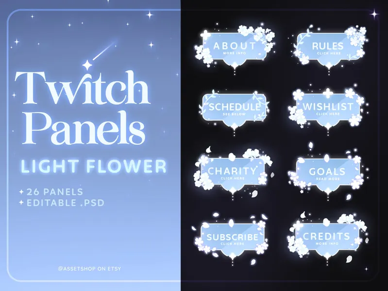 Light Flower Twitch Panels | Sparkling Sky Blue Streamer Info Boards | Magical Glowing Aesthetic | Graphic Panel Set | Cute | Pretty | Dream