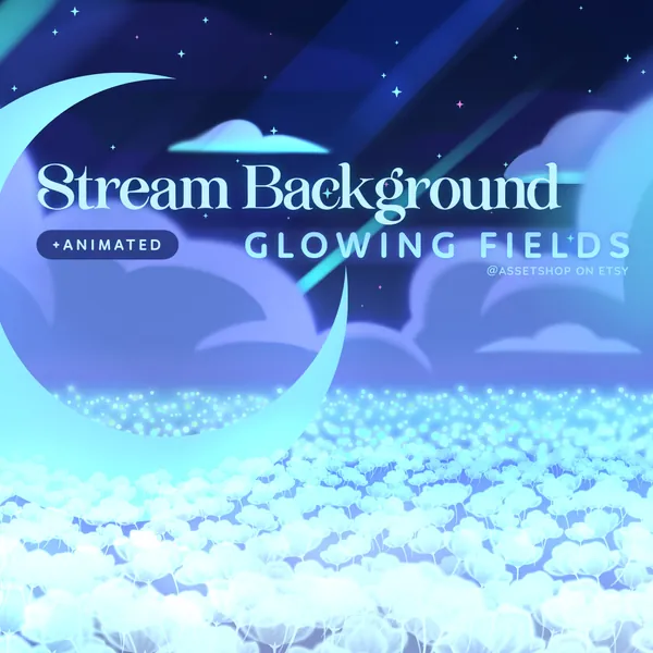 Glowing Fields Starry Night Background | Cute Animated Streamer Background | Sky Blue | Vtuber Asset | Fantasy Flower Field | Dark Clouds