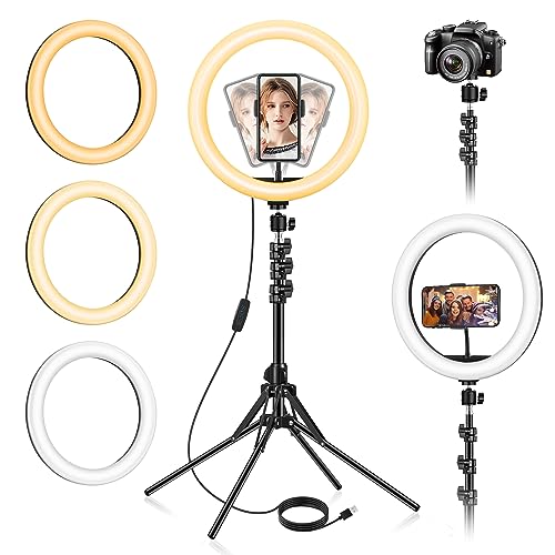 13 inch Ring Light with Floor Stand and Phone Holder(Ringlight Kit Totally 70.6" Tall) - Adjustable LED Selfie Light with Tripod Stand - Tripod with Camera Ring Light for iphone - Black