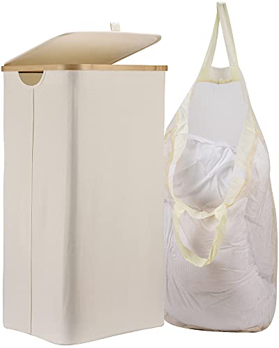 laundry basket with lid 100L Bamboo Laundry Basket with Lid laundry hamper with removable bag Water-proof Dirty Clothes Hamper Collapsible Laundry Baskets for Clothes Storage and Bedroom(creamy-white, Square) - Square - creamy-white