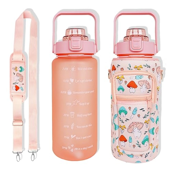 Mindunm 64 oz Water Bottle with Straw Sleeve & Strap Motivational BPA Free Half Gallon Water Jug with Handle for Gym Women Men Aesthetic Water Bottle with Strap Mushroom Pink - Mushroom Pink - one size