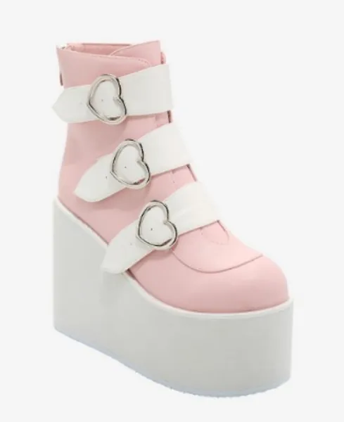 Pink & White Heart Buckle Platform Boots | Hot Topic