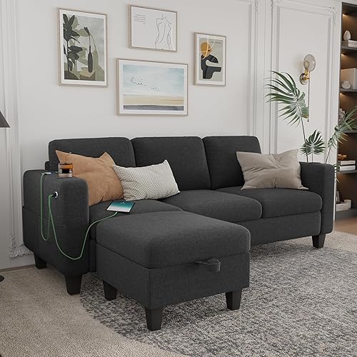 Sectional Sofa Couches for Living Room - 78'' Dark Grey 3 Seat L-Shaped Couch with USB+Type C Port and 2 Cup Holder, Modern Linen Convertible Sectionals Sofas with Storage Ottoman for Apartment - Dark Grey + Type-c Port, 2 Cup Holder