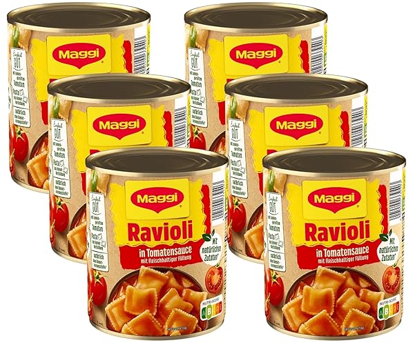 MAGGI Ravioli in Tomatensauce, Teigtaschen gefüllt mit würzigem Fleisch, in fruchtiger Tomatensauce, leckeres Fertiggericht, ideal für Camping, 6er Pack (6 x 800g)