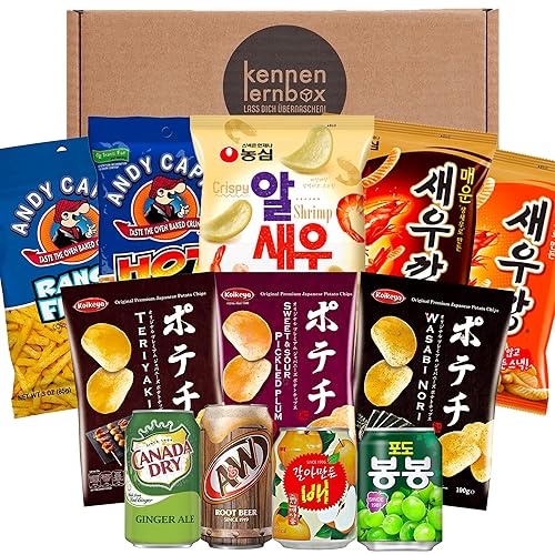 Snack Party Box | Kennenlernbox mit 12 beliebten Chips und Getränke aus den USA, Korea und Japan | Für Filmabende oder als Geschenkidee für besondere Anlässe