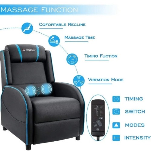 Reclining Gaming Massage Chair with Lumber Support - Blue