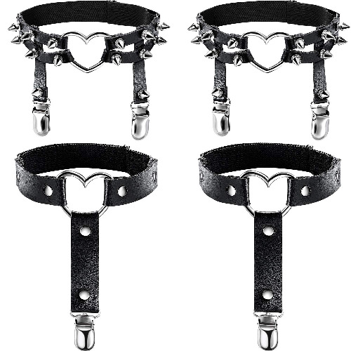 2 Paare Leder Bein Harness Niet Strumpfband PU Leder Punk Gotisch Ring Strumpfband（Herz und Herz）