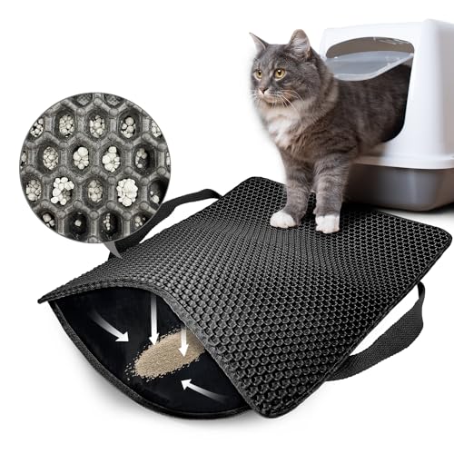 Hanbramo Katzenklo Matte, 45x60CM Honeycomb Double Layer Non-Slip Katzenstreumatte, wasserdicht und Urin Proof Katzenmatte Katzenklo für Litter Catcher, Cat Litter Mat Streu Kontrolle[Schwarz] - Schwarz