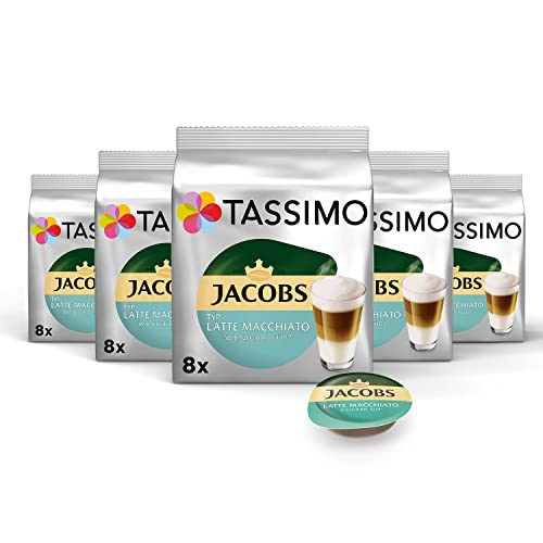 Tassimo Kapseln Jacobs Typ Latte Macchiato Weniger Süß, 40 Kaffeekapseln, 5er Pack, 5 x 8 Getränke - Latte Macchiato Weniger süß - Single