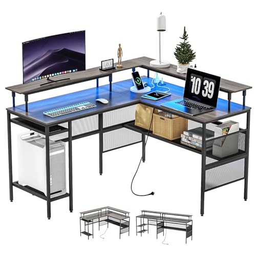 WASAGUN L Shaped Computer Desk with Power Outlets & LED Lights, Gaming Desk with Monitor Stand & Storage Shelves, Home Office L Shaped Desk Gaming Desk, Grey - Grey
