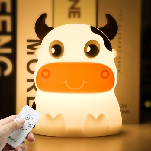 AVEKI Night Light for Kids, Portable Tap Control Rechargeable Nightlight Lamp, Color Changing, Remote Control Silicone Cute Animal Cow Night Lamp Bedroom Decor for Infant or Toddler (Cows-Remote) - Cows-remote