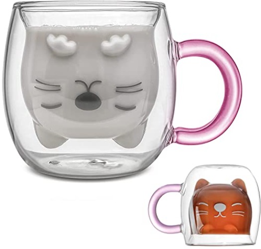 Qinhai Cute Cat Coffee Mug,Double Wall Glass Tea Cup,Valentines Easter Mothers Day Graduation Christmas,Gifts for Women Wife Mum Her Girl Boy Kid Teacher Friend,Birthday Present - Purple