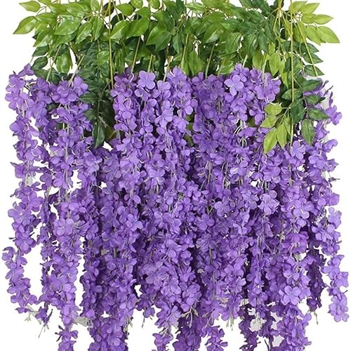 12 Pack Wisteria Flower Vines Garland, 3.75 Feet Artificial Flower Strings, Fake Hanging Flowers, Silk Wisteria Garland Flowers, Wisteria Vine for Wedding, Garden, Wall Decoration (Purple Blue) - Purple Blue