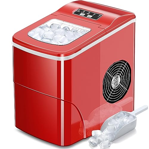 AGLUCKY Ice Makers Countertop with Self-Cleaning, 26.5lbs/24hrs, 9 Cubes Ready in 6~8Mins, Portable Ice Machine with 2 Sizes Bullet Ice/Ice Scoop/Basket for Home/Kitchen/Office/Bar/Party, Red - 26lbs/Day - Red - 1