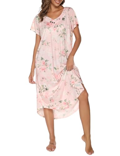 YOZLY Nightgowns for Women Soft V Neck Nightshirts Short Sleeve House Dress with Pockets S-XXL - Floral Pink - Medium