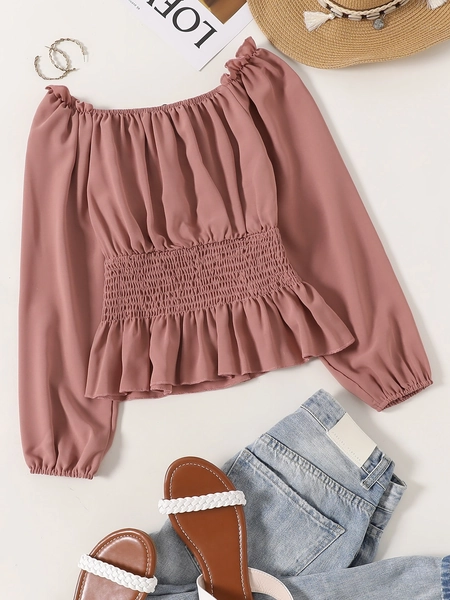 SHEIN VCAY Shirred Frill Ruffle Hem Blouse