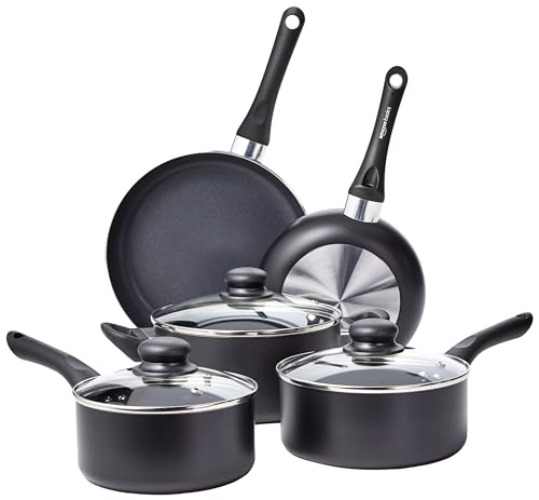 Amazon Basics Non-Stick Cookware 8-Piece Set, Pots and Pans, Black - 8-Piece Set, Non-Induction