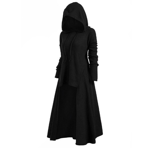 Womens Halloween Hoodie Cloak Vintage Medieval Witch Costumes Sweater Cape Dress Coat High Low Robe Tops - Medium 1-black