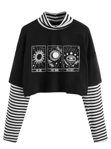 SweatyRocks Women's Color Block Butterfly Print Striped Long Sleeve Crop Top T Shirt, Dark Black White, Small - 