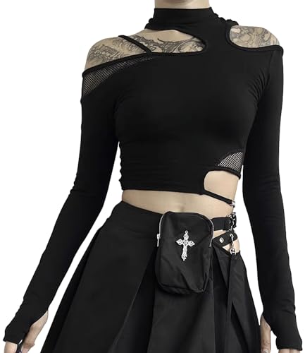 FEOYA Gothic Shirts for Women Harajuku Fashion Grunge Punk Clothes Egirl Anime Emo Shirt Mall Goth Y2K Crop Top - Style 4 - Medium