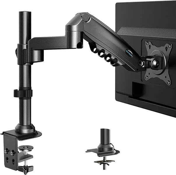 HUANUO Single Monitor Stand - Gas Spring Single Arm Monitor Desk Mount Fit 17 to 32 inch Screens, Height Adjustable VESA Bracket with Clamp, Grommet Mounting Base, Hold up to 19.8lbs - 