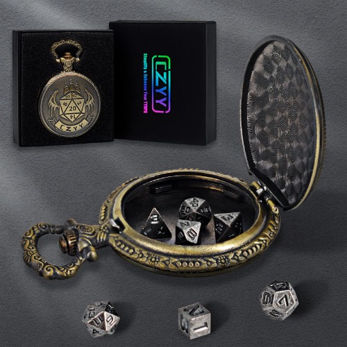DND 6mm Micro Polyhedral Dice Set with Pocket Watch Shell Case Perfect for Dungeons and Dragons, Tabletop RPG and Cards Board Games (Silver) - 