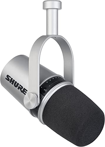 Shure MV7 USB Microphone for Podcasting, Recording, Live Streaming & Gaming, Built-in Headphone Output, All Metal USB/XLR Dynamic Mic, Voice-Isolating Technology, TeamSpeak & Zoom Certified – Silver - Silver - Mic Only