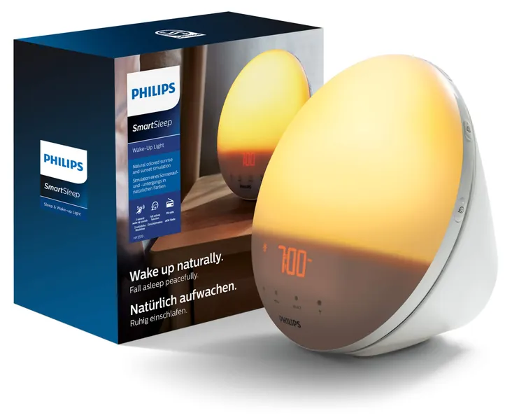 Philips UK Kitchen and Home SmartSleep and Wake Up Light, 5 Natural Alarm Sounds, Coloured Sunrise Simulation, FM Radio, Reading Lamp, HF3519/01