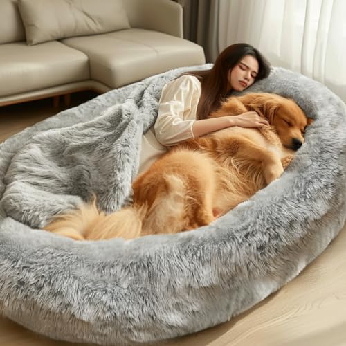 Human Dog Bed, Dog Bed for Humans, Giant Dog Bed with Washable Fluffy Faux Fur Cover, 72"x48"x11" Human Size Dog Bed with Soft Blanket, Large Dog Bean Bag Bed for Families, Light Grey - 72.0"L x 48.0"W x 11.0"Th - Light Grey