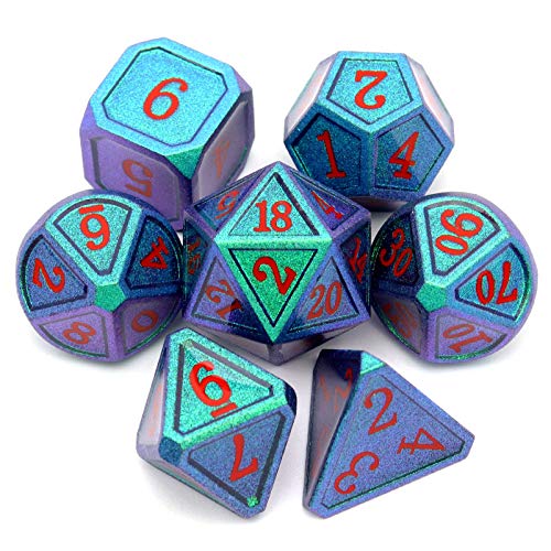Haxtec Chameleon Metal DND Dice Set Green Color Changing D&D Polyhedral Dice for Dungeons and Dragons TTRPG-Noble Green Purple Shift Red Numbers - Noble Green Purple Shift Red Numbers