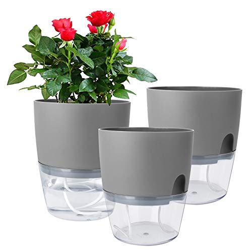 Vanavazon 6 Inch Self Watering Planter Pots for Indoor Plants, 3 Pack African Violet Pots with Wick Rope-Grey - Gray