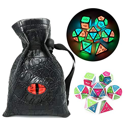 Haxtec Glow in The Dark Glowing Blue Red Green Silver Metal Dice Set D&D 7PCS DND Dice Set for Dungeons and Dragons RPG Games-Silver Glowing Blue Green Red - Silver Glowing Red Green Blue