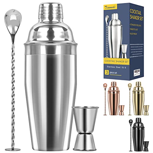 Large 24oz Cocktail Shaker Set, Stainless Steel 18/8 Martini Mixer Shaker with Built-in Strainer, Measuring Jigger & Mixing Spoon, Professional Martini Shaker Set, Perfect for Bartender and Home Use - 3 Pk. - Silver