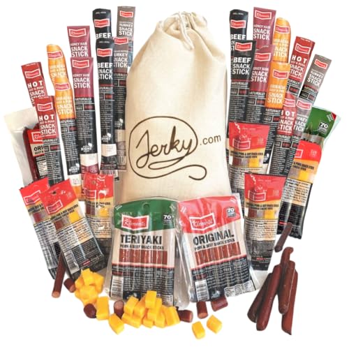 Jerky Gift Basket for Men - 52pc Jerky Variety Pack of Beef, Pork, Turkey, & Ham Snack Sticks - High Protein Healthy Snack - Unique Gift for Men - 52 Piece Set