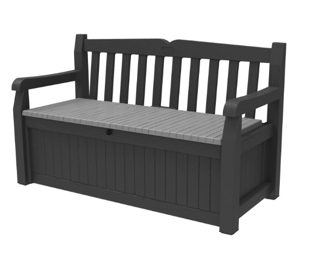 Keter Solana 70 Gallon Storage Bench Deck Box for Patio Furniture, Front Porch Decor and Outdoor Seating – Perfect to Store Garden Tools and Pool Toys, Grey - Grey Deck Box