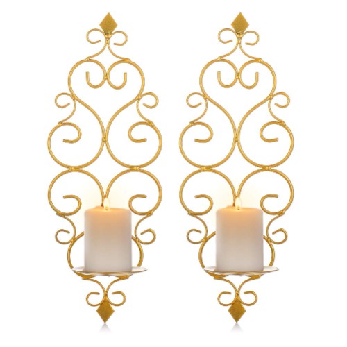 Sziqiqi Candle Sconces Wall Decor Set of 2 Decorative Gold Wall Mounted Candle Holder for Pillar Candles Hanging Metal Wall Decorations for Living Room Bedroom - Gold