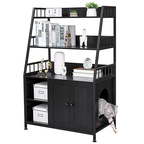 BEWISHOME Large Cat Litter Box Enclosure Hidden Litter Box Furniture with Shelf Storage, Sturdy Cat Washroom Furniture Wooden Cat House Black CMW03B - Black