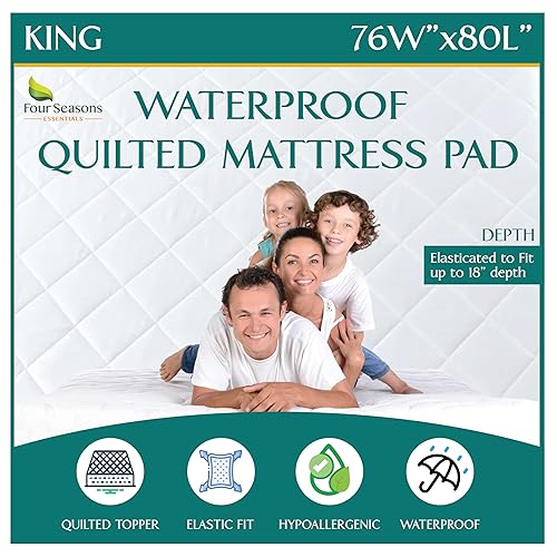 King Size Quilted Mattress Pad - Fitted Waterproof Mattress Protector, Pillow Top Mattress Topper, Premium Quality Hypoallergenic Mattress Cover - King - Quilted Mattress Pad