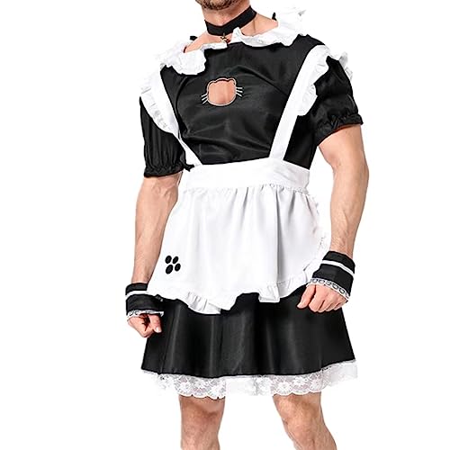 Wviskal Male Maid Uniforms,Anime French Cat Maid Apron Fancy Dress Cosplay Costume Headwear Collar Cuffs Set - 3X-Large