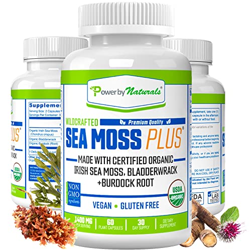Power By Naturals Certified Organic Sea Moss Plus Bladderwrack and Burdock Root Capsules for Gut Health, Immune Support & Thyroid Supplement (Pure, No Fillers, Wildcrafted Irish SeaMoss Pills) 60Ct - 1