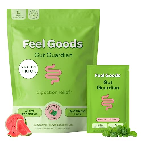 Feel Goods Gut Guardian | Probiotics & Prebiotics for Digestive Health | Soluble Fiber Powder | Bloating Relief | Constipation Relief | IBS | Gut Health for Women & Men - Watermelon Mint - 15 Count (Pack of 1)