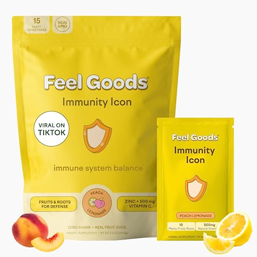 Feel Goods Immunity Icon | Immune Support Supplement Mix | Vitamin C and Zinc | Inflammation Response | Natural Energy | Immunity Supplement | Multivitamin Packets - Peach Lemonade - 15.00 Ounce (Pack of 1)